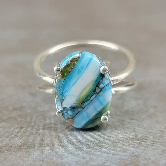 Native Jewelry - Native Kingman Turquoise Gemstone Ring Size 7 Sterling Silver Double Band Boho